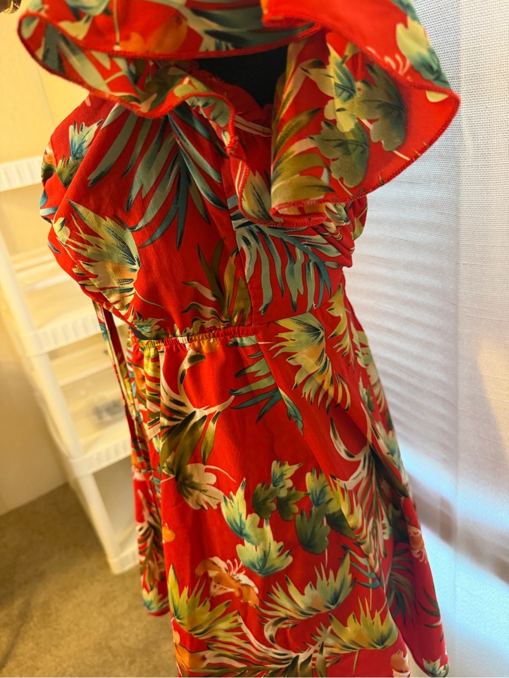 Red Tropical Ruched Mini Dress - Picture 3 of 5